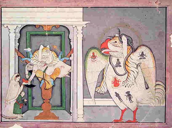 Sharabha (right) with Narasimha (18th-century painting, Pahari/Kangra School)