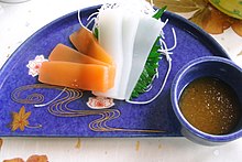 Sashimi konnyaku, usually served with a miso-based dipping sauce rather than soy sauce Sashimi konnyaku by woinary Ueda, Nagano.jpg