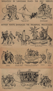 Composite of Sensation in Langham Place: The BBC Arrives, a four-part cartoon by Arthur Watts, from the 1931 Christmas edition of the Radio Times Sensation in Langham Place - Arthur Watts - Radio Times - 1931-12-18 - pp 912-915 - composite.png