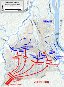 Map of the Battle of Shiloh, morning of April 6, 1862. Battery E served in General Sherman's Fifth Division, near Shiloh Church on the west side of the Union line. Shiloh Battle Apr6am-2.png