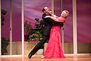 Todd McKenney and Nancye Hayes in a ballroom dancing pose while dancing in a performance of the play Six Dance Lessons in Six Weeks