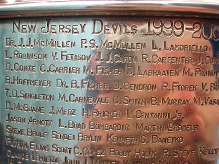 The 1999–2000 Devils engraved on the Stanley Cup. The club won its second Stanley Cup that season.