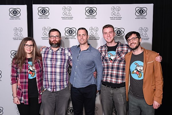 Cuphead developers (starting from the left) Danielle Johnson, Jared and Chad Moldenhauer, Jake Clark, and Hanna Abi-Hanna at the 2018 Game Developers 