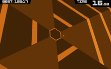 A screenshot of Super Hexagon on PC depicting the geometric art style and gameplay Super Hexagon - PC Hexagon.png