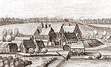 Der auf dem Gelände der Burg Syke entstandene Amtshof auf einem Merian-Stich um 1654, rechts der Ringwall