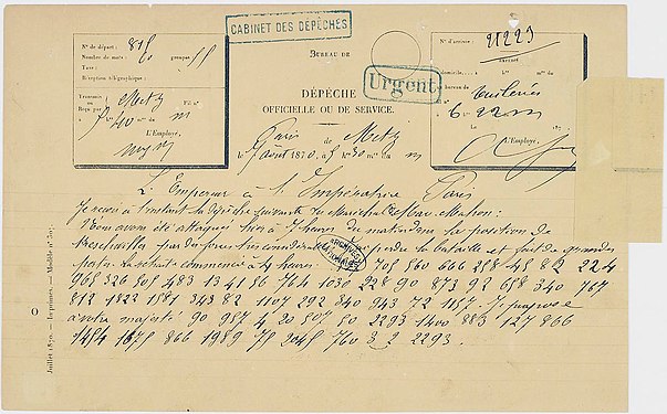 Telegram, partly ciphered, from Napoleon III to Empress Eugnénie (7 August 1870)