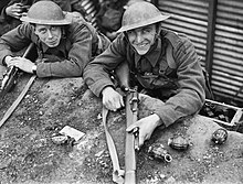 Men of the 1st Battalion, Queen's Own Royal West Kent Regiment in a section of trench named 'Pudding Lane', 4th Division near Roubaix, 3 April 1940. Note the hand grenades ready for use. The British Army in France 1940 F3552.jpg