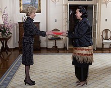The High Commissioner for Tonga presents credentials to Governor-General Quentin Bryce in the drawing room. The High Commissioner for Tonga, HRH Princess Angelika Latufuipeka Tuku'aho, presents credentials to the Governor-General. 01.jpg