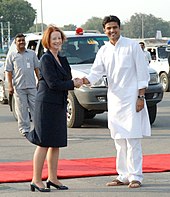 Gillard welcomed by the Minister of State for Communications and Information Technology, Shri Sachin Pilot, in New Delhi on 15 October 2012 The Prime Minister of Australia, Ms. Julia Gillard being received by the Minister of State for Communications and Information Technology, Shri Sachin Pilot, at Air Force Station, Palam, in New Delhi on October 15, 2012.jpg