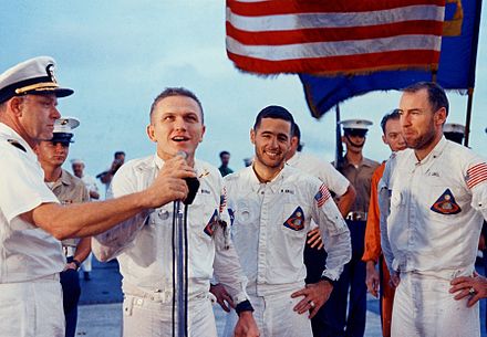 Crew of Apollo 8 addressing the crew of USS Yorktown after successful splashdown and recovery