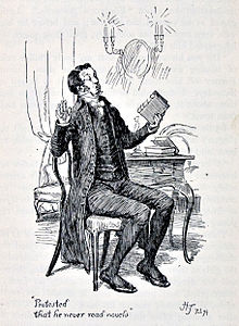 Mr Collins "protested that he never read novels" by Hugh Thomson, 1894 Thomson-PP08.jpg