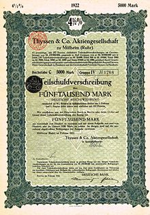 Bond of the Thyssen & Co. AG, issued February 1922 Thyssen & Co AG 1922.jpg