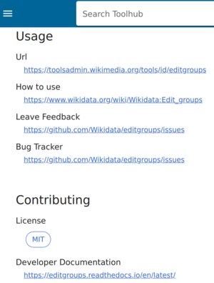 A tool record in Toolhub showing hyperlinks to developer and user docs