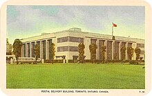 The southwest corner of Toronto Postal Delivery Building c. 1950s. The grass area in the foreground is the current location of the elevated Gardiner Expressway.