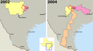 U.S. congressional districts covering Travis County, Texas (outlined in red) in 2002, left, and 2004, right. TravisCountyDistricts.png