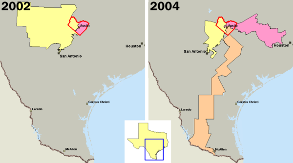 U.S. congressional districts covering Travis County, Texas (outlined in red), in 2002, left, and 2004, right. In 2003, the majority of Republicans in the Texas legislature redistricted the state, diluting the voting power of the heavily Democratic county by parceling its residents out to more Republican districts. In 2004 the orange district 25 was intended to elect a Democrat while the yellow and pink district 21 and district 10 were intended to elect Republicans. District 25 was redrawn as the result of a 2006 Supreme Court decision. In the 2011 redistricting, Republicans divided Travis County between five districts, only one of which, extending to San Antonio, elects a Democrat.