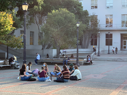 UC Berkeley Extension Campus in 2021: Safety first: Students protecting students by wearing face masks while they hang out outdoors in small group settings. UC Berkeley Extension Fall 2021.png
