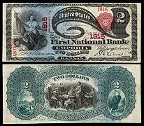 Aversul și reversul unei bancnote de doi dolari a Băncii Naționale