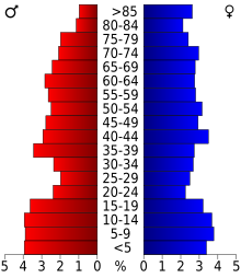 Diagram dat de bevolking van de provincie weergeeft, per leeftijdsgroep.  In het rood, aan de linkerkant, de vrouwen, in het blauw aan de rechterkant, de mannen.