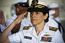 US Navy 110622-N-KK576-012 Rear Adm. Gretchen S. Herbert salutes as she is piped aboard during the Navy Cyber Forces change of command ceremony at.jpg