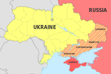 Ukrainian regions wholly or largely claimed by Russia since 2014 (Crimea) and 2022 (others). Parts of Mykolaiv Oblast claimed to have been annexed into Kherson Oblast are included; part of Kharkiv Oblast under Russian control at the time are not included. Ukraine disputed regions.svg