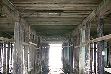 View underneath the wharf between wooden piles Under the Santa Cruz Wharf.JPG