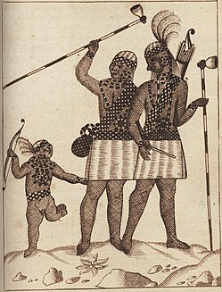 Teckning av tre personer tillhörande den nordamerikanske ursprunsgbefolkningen. En man, en kvinna och en liten pojke.