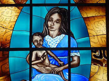 Detail of stained glass, Vaitahu church.
Image courtesy of Mark Reed Vaitahustainedglass.JPG