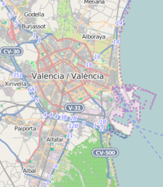 Mapa konturowa Walencji, blisko centrum u góry znajduje się punkt z opisem „Estadio Mestalla”