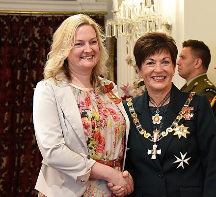 Spackman (left) in 2016, after her investiture as an Officer of the New Zealand Order of Merit by the governor-general, Dame Patsy Reddy Victoria Spackman ONZM investiture.jpg