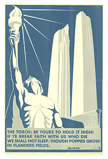 The Vimy Memorial and part of "In Flanders Fields" on a Second World War recruitment poster Vimy Memorial war recruitment poster.jpg
