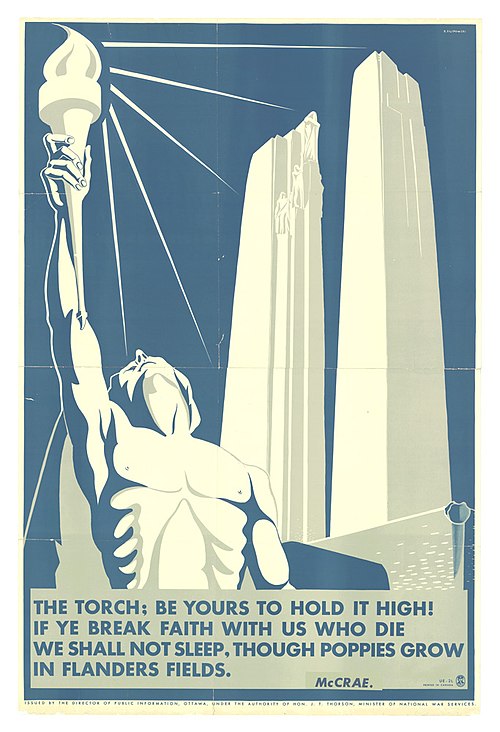 The Vimy Memorial and part of "In Flanders Fields" on a Second World War recruitment poster