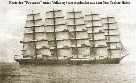 The 5-masted Preussen was the largest sailing ship ever built, measuring 5,081 GRT.