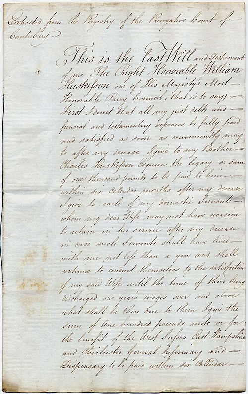 Page 1 of the last will of William Huskisson