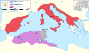 Territories in western Mediterranean held by Numidia, Carthage and Roman Republic in 150 BC, during the Third Punic War