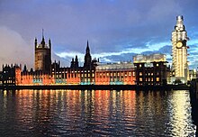 Palace of Westminster illuminated in orange and blue for World Cancer Day 2019 Westminster Palace lit up for 2019 WCD.jpg