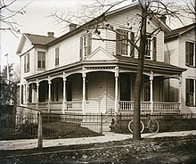 Wright brothers' home at 7 Hawthorn Street, Dayton about 1900. Wilbur and Orville built the covered wrap-around porch in the 1890s.