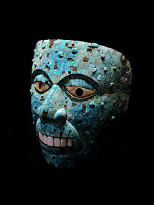 Turquoise mosaic mask of Xiuhtecuhtli, the Aztec god of fire. The Aztecs differentiated turquoise based on quality: xihuitl, a more mundane version used for decoration such as in mosaics, and teoxihuitl, a special version embued with qualities of Teotl and valued for its beauty. Xiuhtecuhtli (mask).jpg