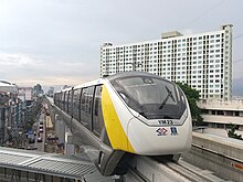 Innovia Monorail 300 rolling stock used on the Yellow Line, approaching Chok Chai 4 station Yellow Line at Chok Chai 4 Station 02.jpg