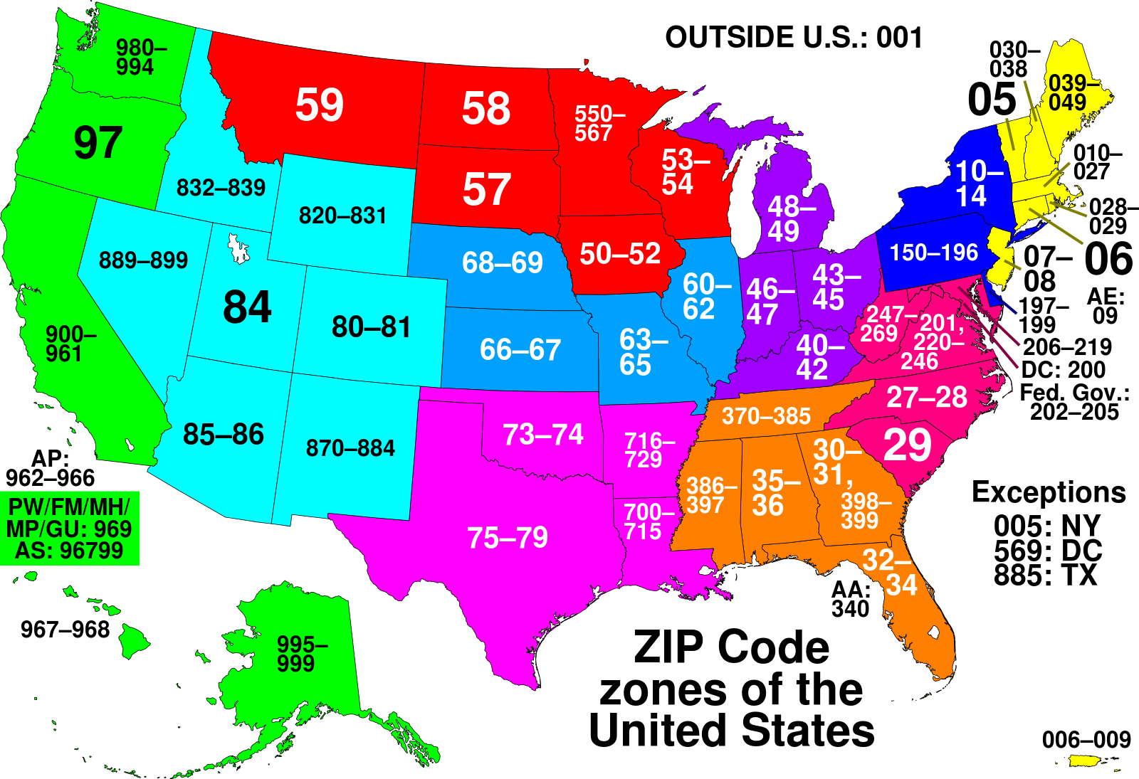 This map of the United States divides the country into ZIP code zones. 