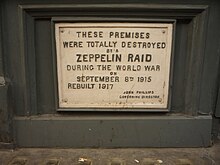 Memorial plaque on the 'Zeppelin Building', 59-61 Farringdon Road, London EC1. Zeppelin Building plaque.JPG