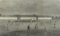 Cricket match between players from Copenhagen and Jutland on the Eastern Common in Copenhagen 1867 Oster Alle, cricketkamp mellem de kobenhavnske og jydske spillere.png
