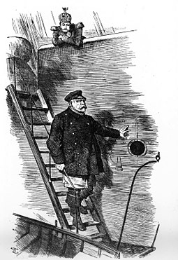 "Dropping the Pilot" - British editorial cartoon depicting Bismarck's dismissal by Wilhelm II in 1890 1890 Bismarcks Ruecktritt.jpg