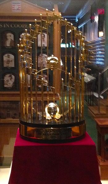 The 1995 World Series Commissioner's Trophy on display in the museum