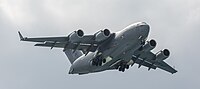 A US Air Force C-17 Globemaster III, tail 00-0171, on final approach to Kadena Air Base in Okinawa, Japan. It is assigned to the 176th Wing of the Alaska Air National Guard, and is originally from Joint Base Elmendorf–Richardson in Anchorage, Alaska.