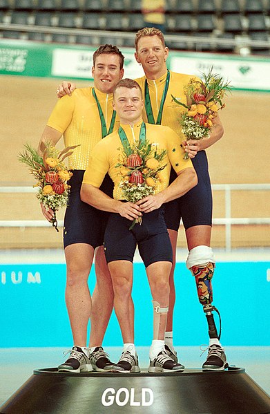 File:211000 - Cycling track Matthew Gray Greg Ball Paul Lake gold podium 2 - 3b - 2000 Sydney podium photo.jpg