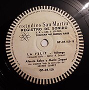 LA FELIZ. Milonga. Armando Solla y Héctor R. Suárez. Cantan Alberto Salas y Mario Zagari. Con orquesta dirigida por Héctor Suárez.  Estudios San Martín, (Grab. Abril de 1959).  