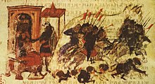 Mittelalterliche Illustration, die Kavallerie zeigt, die aus einer Stadt ausbricht und eine feindliche Armee in die Flucht schlägt