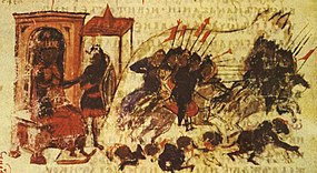 Miniatura zobrazující útok Arabů z Manassovy kroniky ze 14. století
