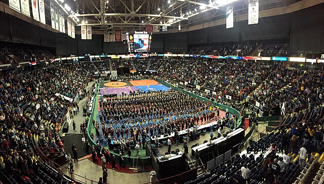 Wrestlers gather on the floor of MVP Arena for the opening ceremony of the 53rd NYSPHSAA Wrestling Championships on February 27, 2015.